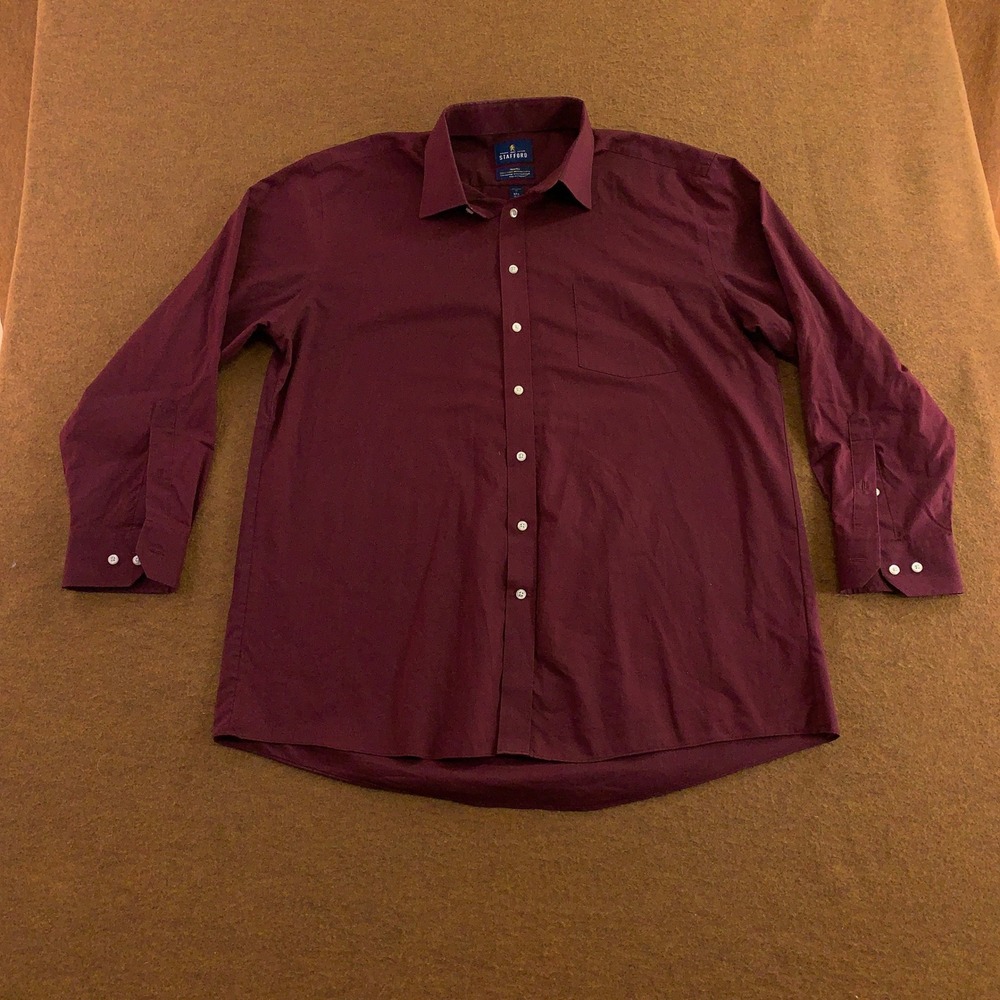 Stafford Mens 17.5 34-35 Burgundy Travel Easy-Care Broadcloth Dress Shirt